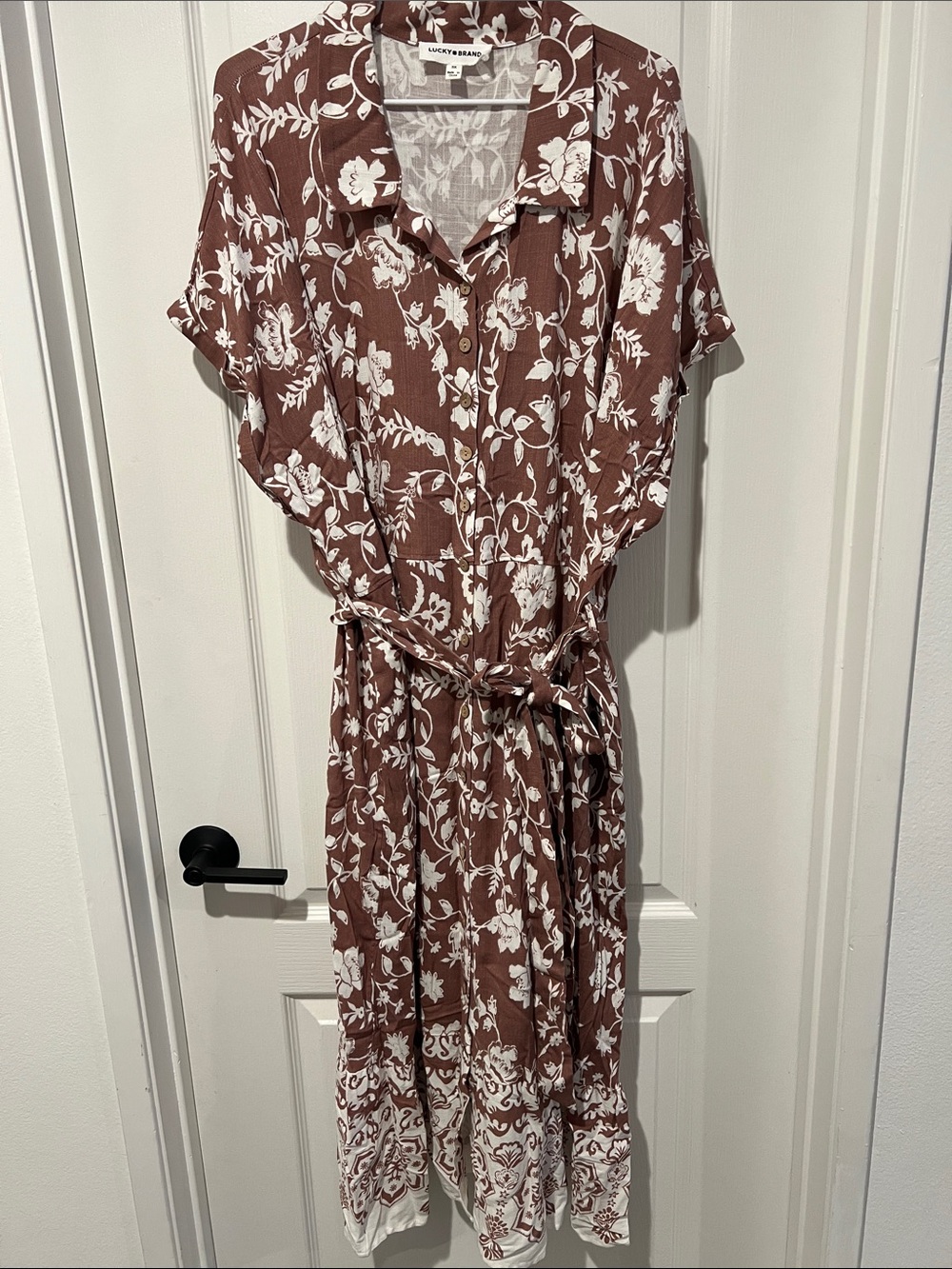 Lucky Brand Brown and White Floral Maxi Shirt Dress
